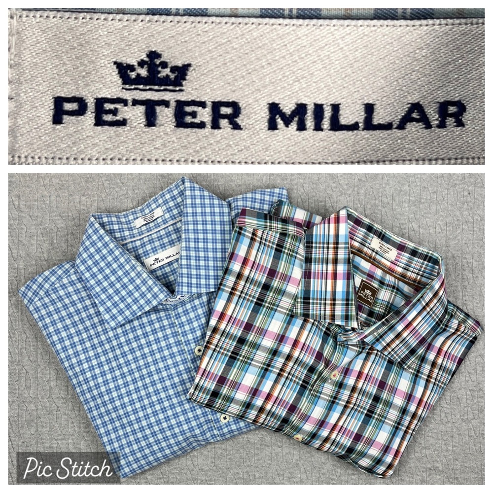 Peter Millar Button Up Dress Shirts Men XL Multi Graph Check Plaid‎ Lot of 2